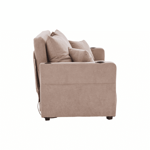 Sofá-cama extensível em tecido multifuncional de 2 lugares u2013 transformável em cama, bolsos nos braços, porta-carregador USB e porta-copos u2013 cor cáqui