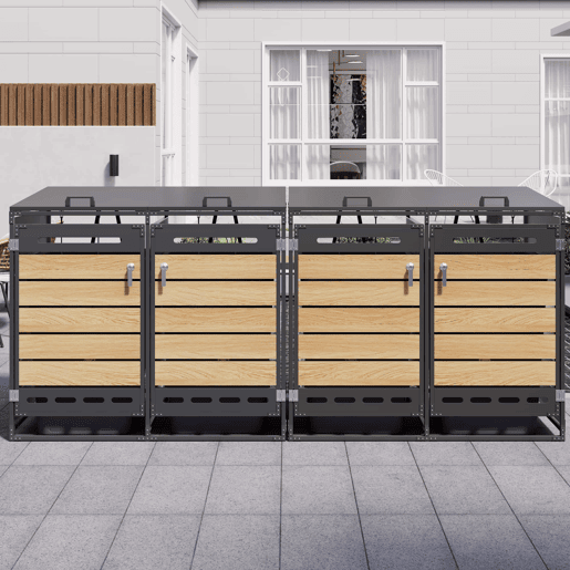 Caixa para 4 contentores do lixo - Tampa hidráulica, ventilação, acabamento com efeito de madeira horizontal, armário de arrumação para jardim com fechadura - Preto