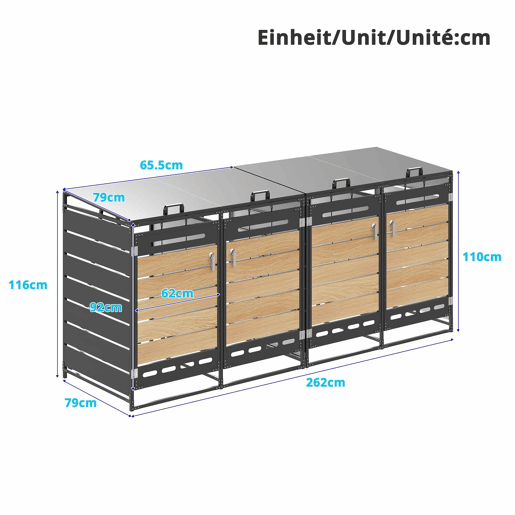 Caixa para 4 contentores do lixo - Tampa hidráulica, ventilação, acabamento com efeito de madeira horizontal, armário de arrumação para jardim com fechadura - Preto