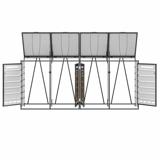 Caixa para 4 contentores do lixo - Tampa hidráulica, ventilação, acabamento com efeito de madeira horizontal, armário de arrumação para jardim com fechadura - Preto