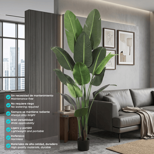 Palmeira-Bananeira Artificial de 210 cm - Planta tropical grande com folhas realistas e vaso preto para interiores Palmeira-Bananeira Artificial de 210 cm - Planta tropical grande com folhas realistas e vaso preto para interiores
