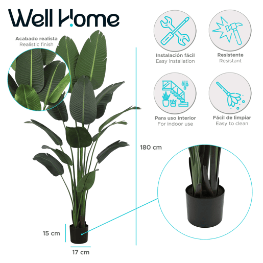 Palmeira-Bananeira Artificial de 180 cm - Planta tropical grande com folhas realistas e vaso preto para interiores