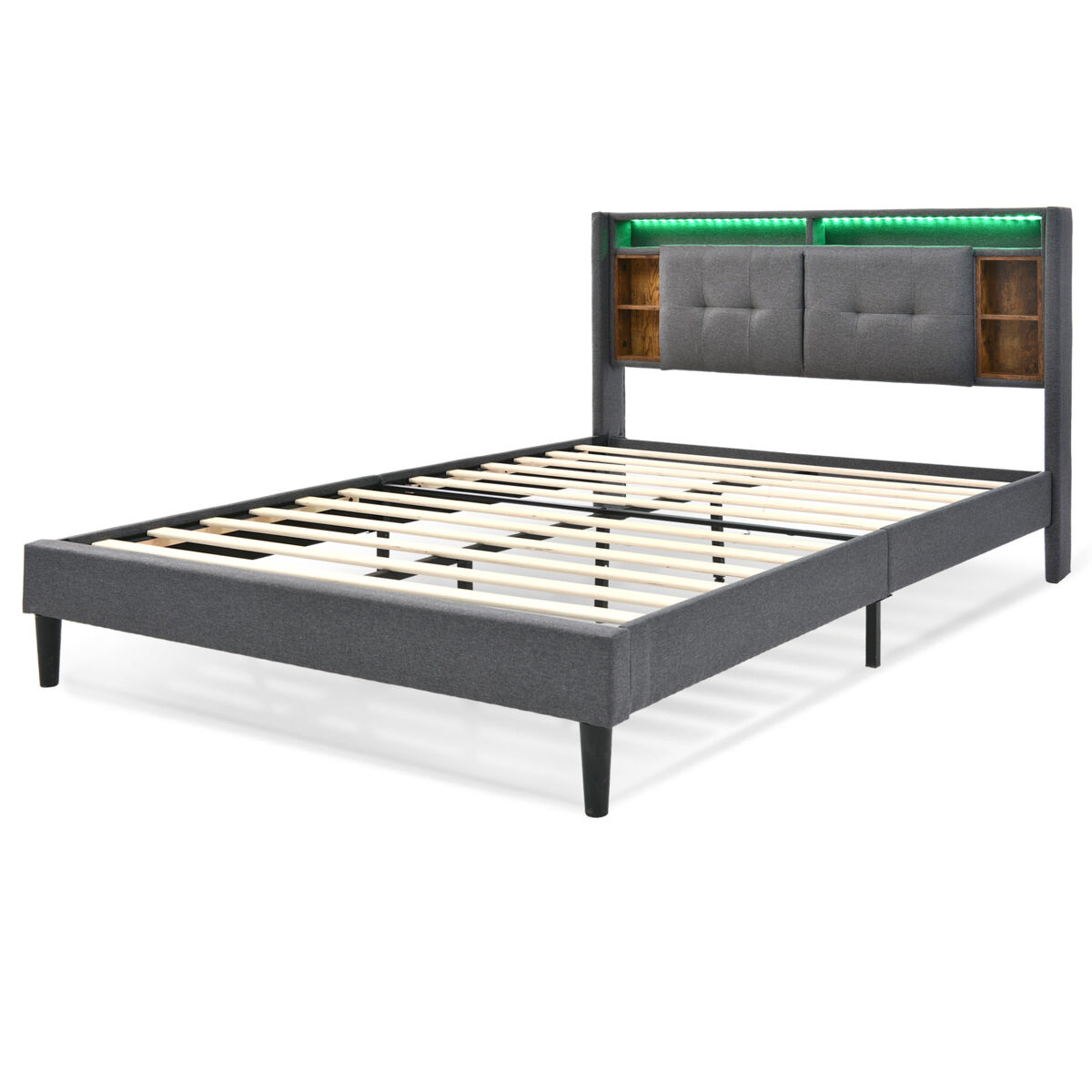 Cama doble tapizada 140x200cm en lino con led y puerto de carga usb - somier - gris