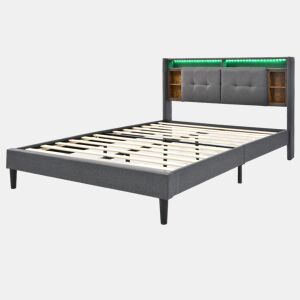 Cama de casal estofada em linho 140x200cm com LED e porta de carregamento USB - estrado - Cinzento