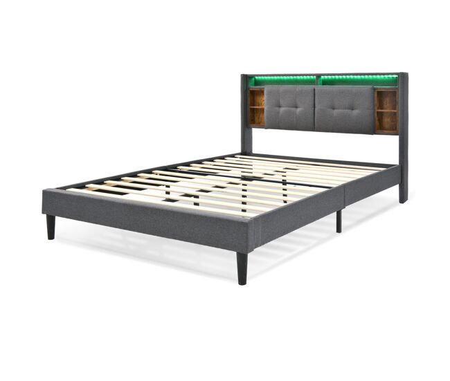 Cama doble tapizada 140x200cm en lino con led y puerto de carga usb - somier - gris