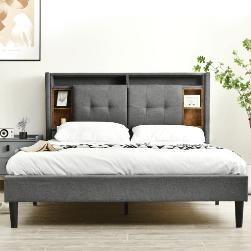 Cama de casal estofada em linho 140x200cm com LED e porta de carregamento USB - estrado - Cinzento Cama de casal estofada em linho 140x200cm com LED e porta de carregamento USB - estrado - Cinzento