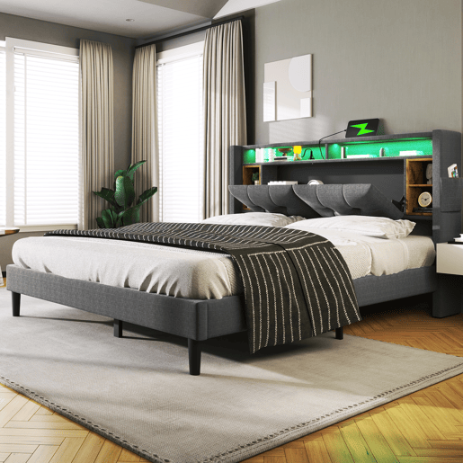 Cama de casal estofada em linho 140x200cm com LED e porta de carregamento USB - estrado - Cinzento Cama de casal estofada em linho 140x200cm com LED e porta de carregamento USB - estrado - Cinzento