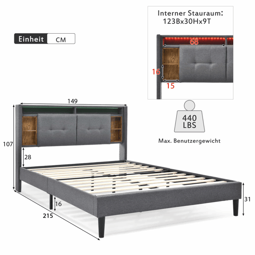 Cama de casal estofada em linho 140x200cm com LED e porta de carregamento USB - estrado - Cinzento Cama de casal estofada em linho 140x200cm com LED e porta de carregamento USB - estrado - Cinzento