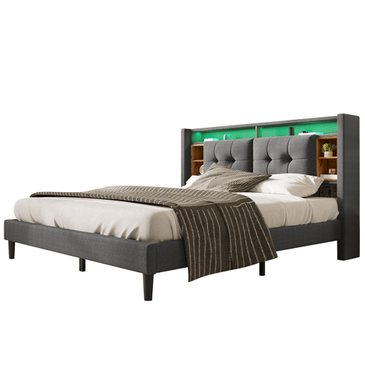 Cama de casal estofada em linho 140x200cm com LED e porta de carregamento USB - estrado - Cinzento Cama de casal estofada em linho 140x200cm com LED e porta de carregamento USB - estrado - Cinzento