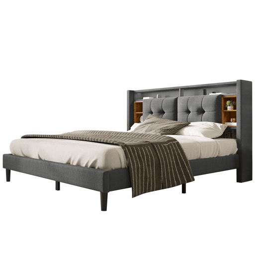Cama de casal estofada em linho 140x200cm com LED e porta de carregamento USB - estrado - Cinzento Cama de casal estofada em linho 140x200cm com LED e porta de carregamento USB - estrado - Cinzento