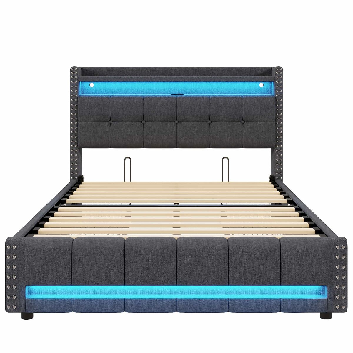 Cama tapizada 160*200 - con iluminación led, puerto usb, cabecero con estantes y almacenamiento, 4 cajones - gris