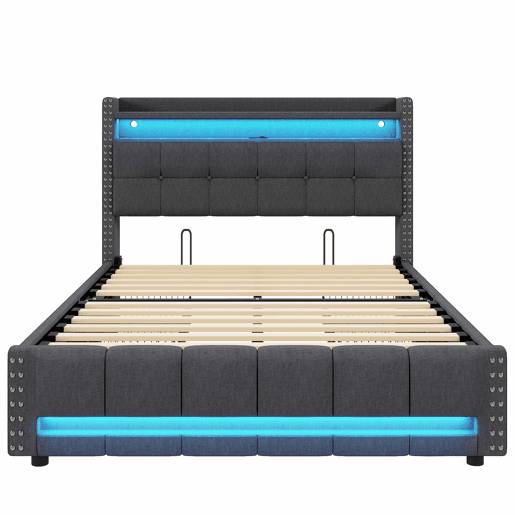 Cama estofada 160*200 - Com iluminação LED, porta USB, cabeceira com prateleiras e arrumação, 4 gavetas - Cinza Cama estofada 160*200 - Com iluminação LED, porta USB, cabeceira com prateleiras e arrumação, 4 gavetas - Cinza