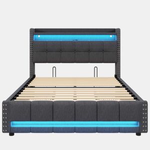Cama estofada 160*200 - Com iluminação LED, porta USB, cabeceira com prateleiras e arrumação, 4 gavetas - Cinza