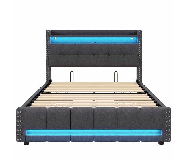 Cama tapizada 160*200 - con iluminación led, puerto usb, cabecero con estantes y almacenamiento, 4 cajones - gris