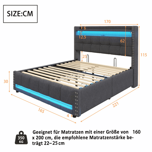 Cama estofada 160*200 - Com iluminação LED, porta USB, cabeceira com prateleiras e arrumação, 4 gavetas - Cinza Cama estofada 160*200 - Com iluminação LED, porta USB, cabeceira com prateleiras e arrumação, 4 gavetas - Cinza