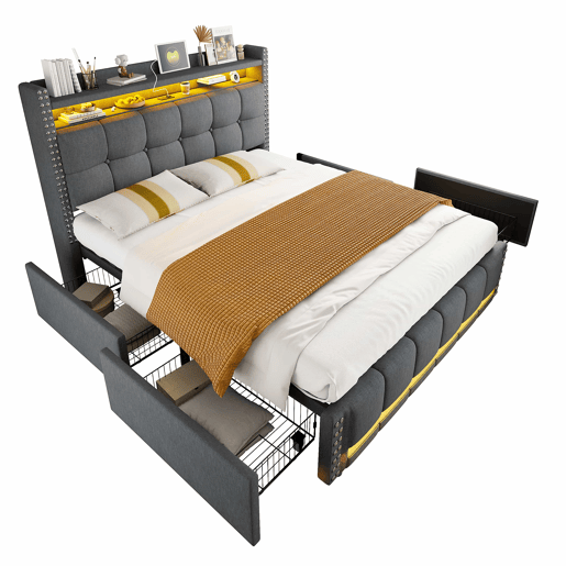 Cama estofada 160*200 - Com iluminação LED, porta USB, cabeceira com prateleiras e arrumação, 4 gavetas - Cinza Cama estofada 160*200 - Com iluminação LED, porta USB, cabeceira com prateleiras e arrumação, 4 gavetas - Cinza