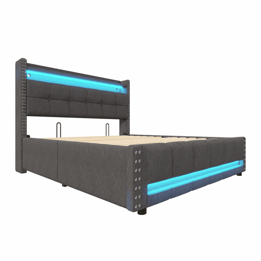 Cama estofada 160*200 - Com iluminação LED, porta USB, cabeceira com prateleiras e arrumação, 4 gavetas - Cinza Cama estofada 160*200 - Com iluminação LED, porta USB, cabeceira com prateleiras e arrumação, 4 gavetas - Cinza