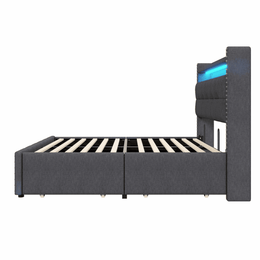 Cama estofada 160*200 - Com iluminação LED, porta USB, cabeceira com prateleiras e arrumação, 4 gavetas - Cinza Cama estofada 160*200 - Com iluminação LED, porta USB, cabeceira com prateleiras e arrumação, 4 gavetas - Cinza