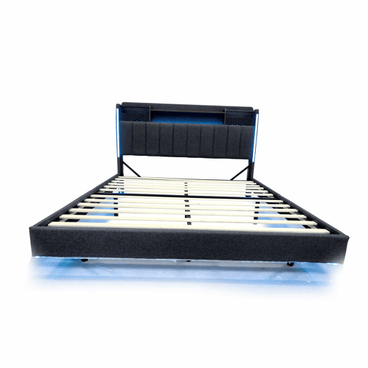 Cama em tecido de linho 140x200 cm - com tomada USB e estrado - Cinzento Cama em tecido de linho 140x200 cm - com tomada USB e estrado - Cinzento