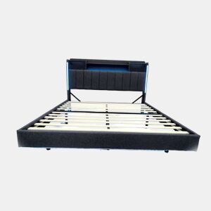 Cama em tecido de linho 140x200 cm - com tomada USB e estrado - Cinzento