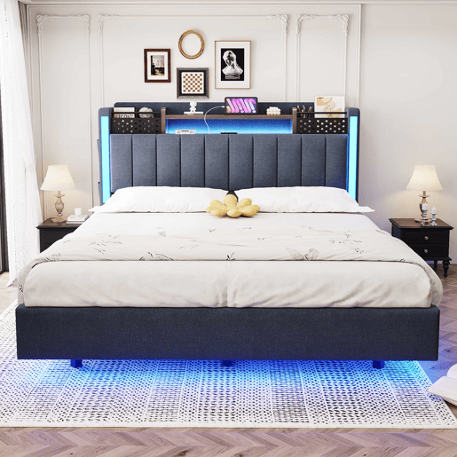 Cama em tecido de linho 140x200 cm - com tomada USB e estrado - Cinzento Cama em tecido de linho 140x200 cm - com tomada USB e estrado - Cinzento