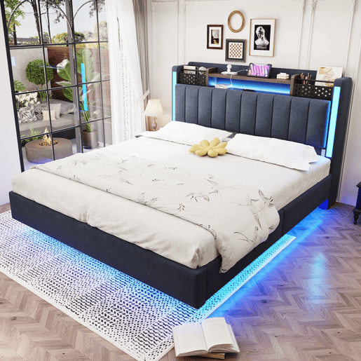 Cama em tecido de linho 140x200 cm - com tomada USB e estrado - Cinzento Cama em tecido de linho 140x200 cm - com tomada USB e estrado - Cinzento