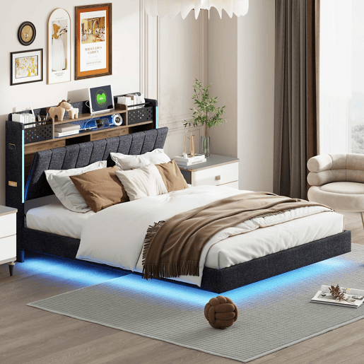Cama em tecido de linho 140x200 cm - com tomada USB e estrado - Cinzento Cama em tecido de linho 140x200 cm - com tomada USB e estrado - Cinzento