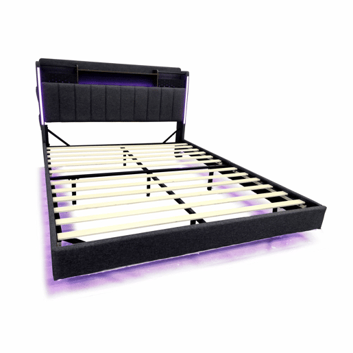 Cama em tecido de linho 140x200 cm - com tomada USB e estrado - Cinzento Cama em tecido de linho 140x200 cm - com tomada USB e estrado - Cinzento