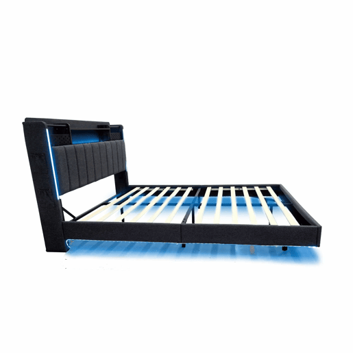 Cama em tecido de linho 140x200 cm - com tomada USB e estrado - Cinzento Cama em tecido de linho 140x200 cm - com tomada USB e estrado - Cinzento