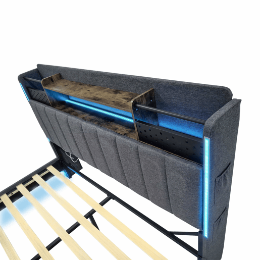 Cama em tecido de linho 140x200 cm - com tomada USB e estrado - Cinzento Cama em tecido de linho 140x200 cm - com tomada USB e estrado - Cinzento