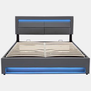 Cama contentora em pele sintética de 140x200 cm com LED - com portas de carregamento (com e sem fios) - Cinzento