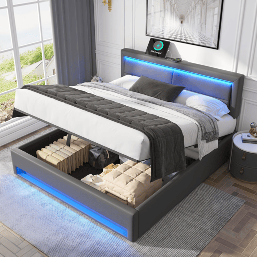 Cama contentora em pele sintética de 140x200 cm com LED - com portas de carregamento (com e sem fios) - Cinzento Cama contentora em pele sintética de 140x200 cm com LED - com portas de carregamento (com e sem fios) - Cinzento