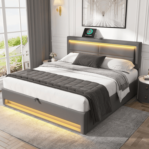 Cama contentora em pele sintética de 140x200 cm com LED - com portas de carregamento (com e sem fios) - Cinzento Cama contentora em pele sintética de 140x200 cm com LED - com portas de carregamento (com e sem fios) - Cinzento