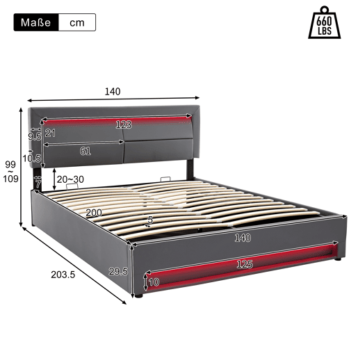Cama contentora em pele sintética de 140x200 cm com LED - com portas de carregamento (com e sem fios) - Cinzento Cama contentora em pele sintética de 140x200 cm com LED - com portas de carregamento (com e sem fios) - Cinzento