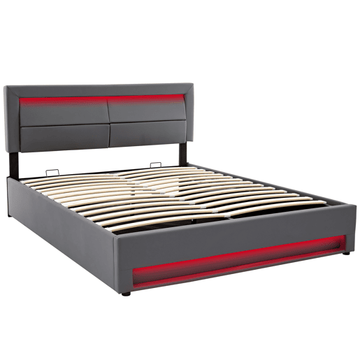 Cama contentora em pele sintética de 140x200 cm com LED - com portas de carregamento (com e sem fios) - Cinzento Cama contentora em pele sintética de 140x200 cm com LED - com portas de carregamento (com e sem fios) - Cinzento