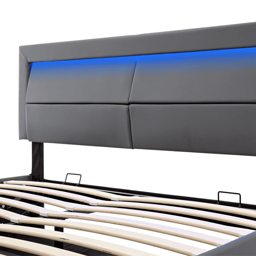 Cama contentora em pele sintética de 140x200 cm com LED - com portas de carregamento (com e sem fios) - Cinzento Cama contentora em pele sintética de 140x200 cm com LED - com portas de carregamento (com e sem fios) - Cinzento