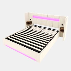 Cama multifuncional 160x200 cm - Cabeceira larga, 2 portas USB, armário embutido, luz LED, sistema hidráulico e amplo espaço de arrumação debaixo da cama com tecido não tecido - Bege
