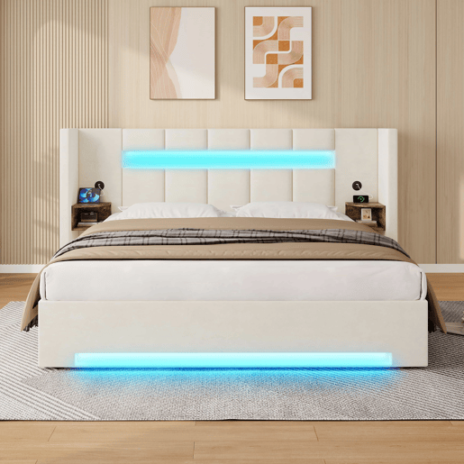 Cama multifuncional 160x200 cm - Cabeceira larga, 2 portas USB, armário embutido, luz LED, sistema hidráulico e amplo espaço de arrumação debaixo da cama com tecido não tecido - Bege Cama multifuncional 160x200 cm - Cabeceira larga, 2 portas USB, armário embutido, luz LED, sistema hidráulico e amplo espaço de arrumação debaixo da cama com tecido não tecido - Bege