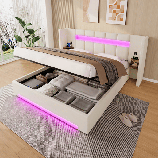 Cama multifuncional 160x200 cm - Cabeceira larga, 2 portas USB, armário embutido, luz LED, sistema hidráulico e amplo espaço de arrumação debaixo da cama com tecido não tecido - Bege Cama multifuncional 160x200 cm - Cabeceira larga, 2 portas USB, armário embutido, luz LED, sistema hidráulico e amplo espaço de arrumação debaixo da cama com tecido não tecido - Bege