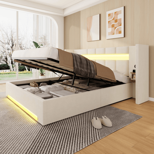 Cama multifuncional 160x200 cm - Cabeceira larga, 2 portas USB, armário embutido, luz LED, sistema hidráulico e amplo espaço de arrumação debaixo da cama com tecido não tecido - Bege Cama multifuncional 160x200 cm - Cabeceira larga, 2 portas USB, armário embutido, luz LED, sistema hidráulico e amplo espaço de arrumação debaixo da cama com tecido não tecido - Bege