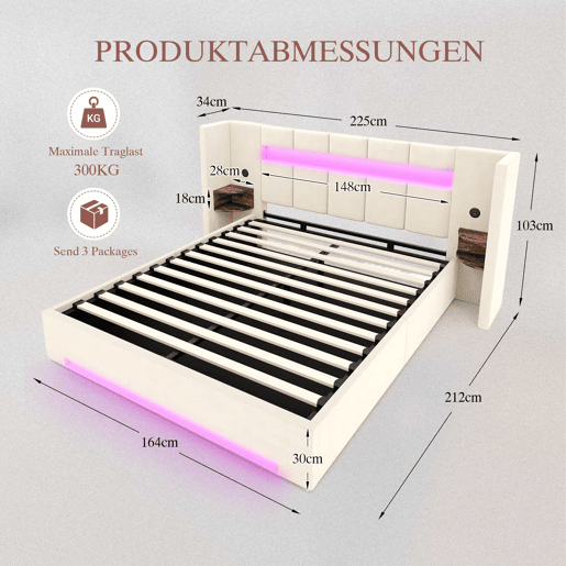 Cama multifuncional 160x200 cm - Cabeceira larga, 2 portas USB, armário embutido, luz LED, sistema hidráulico e amplo espaço de arrumação debaixo da cama com tecido não tecido - Bege Cama multifuncional 160x200 cm - Cabeceira larga, 2 portas USB, armário embutido, luz LED, sistema hidráulico e amplo espaço de arrumação debaixo da cama com tecido não tecido - Bege