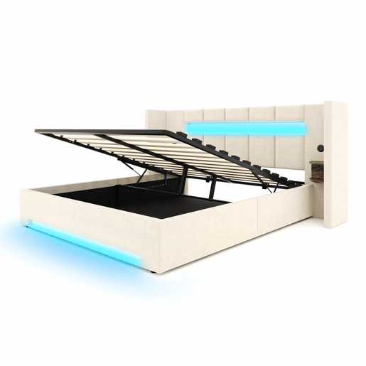 Cama multifuncional 160x200 cm - Cabeceira larga, 2 portas USB, armário embutido, luz LED, sistema hidráulico e amplo espaço de arrumação debaixo da cama com tecido não tecido - Bege Cama multifuncional 160x200 cm - Cabeceira larga, 2 portas USB, armário embutido, luz LED, sistema hidráulico e amplo espaço de arrumação debaixo da cama com tecido não tecido - Bege