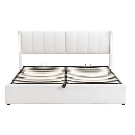 Cama estofada com LED binaural 180x200 cm - cama hidráulica com espaço de arrumação, cabeceira ajustável, porta USB recarregável - branco Cama estofada com LED binaural 180x200 cm - cama hidráulica com espaço de arrumação, cabeceira ajustável, porta USB recarregável - branco