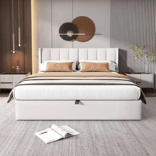 Cama estofada com LED binaural 180x200 cm - cama hidráulica com espaço de arrumação, cabeceira ajustável, porta USB recarregável - branco Cama estofada com LED binaural 180x200 cm - cama hidráulica com espaço de arrumação, cabeceira ajustável, porta USB recarregável - branco