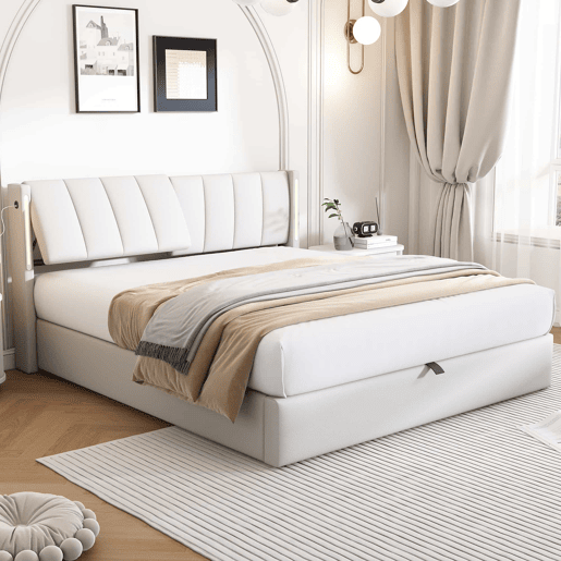 Cama estofada com LED binaural 180x200 cm - cama hidráulica com espaço de arrumação, cabeceira ajustável, porta USB recarregável - branco Cama estofada com LED binaural 180x200 cm - cama hidráulica com espaço de arrumação, cabeceira ajustável, porta USB recarregável - branco