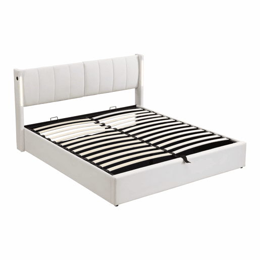 Cama estofada com LED binaural 180x200 cm - cama hidráulica com espaço de arrumação, cabeceira ajustável, porta USB recarregável - branco Cama estofada com LED binaural 180x200 cm - cama hidráulica com espaço de arrumação, cabeceira ajustável, porta USB recarregável - branco