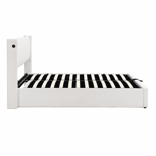 Cama estofada com LED binaural 180x200 cm - cama hidráulica com espaço de arrumação, cabeceira ajustável, porta USB recarregável - branco Cama estofada com LED binaural 180x200 cm - cama hidráulica com espaço de arrumação, cabeceira ajustável, porta USB recarregável - branco