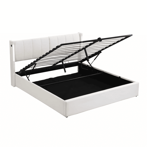 Cama estofada com LED binaural 180x200 cm - cama hidráulica com espaço de arrumação, cabeceira ajustável, porta USB recarregável - branco Cama estofada com LED binaural 180x200 cm - cama hidráulica com espaço de arrumação, cabeceira ajustável, porta USB recarregável - branco