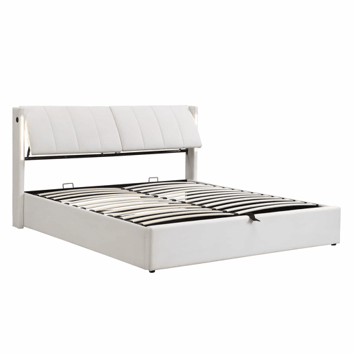 Cama estofada com LED binaural 180x200 cm - cama hidráulica com espaço de arrumação, cabeceira ajustável, porta USB recarregável - branco Cama estofada com LED binaural 180x200 cm - cama hidráulica com espaço de arrumação, cabeceira ajustável, porta USB recarregável - branco