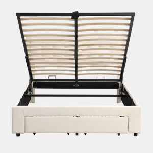 Cama contentora estofada em veludo 140x190cm - com gaveta e estrado de molas - Bege (sem colchão)